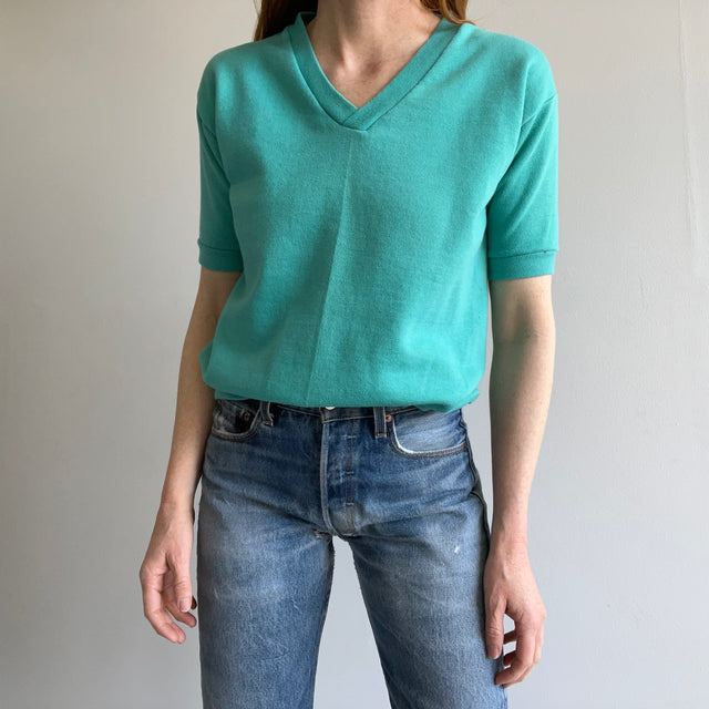 1980s Teal V-Neck Short Sleeve Warm Up Sweatshirt