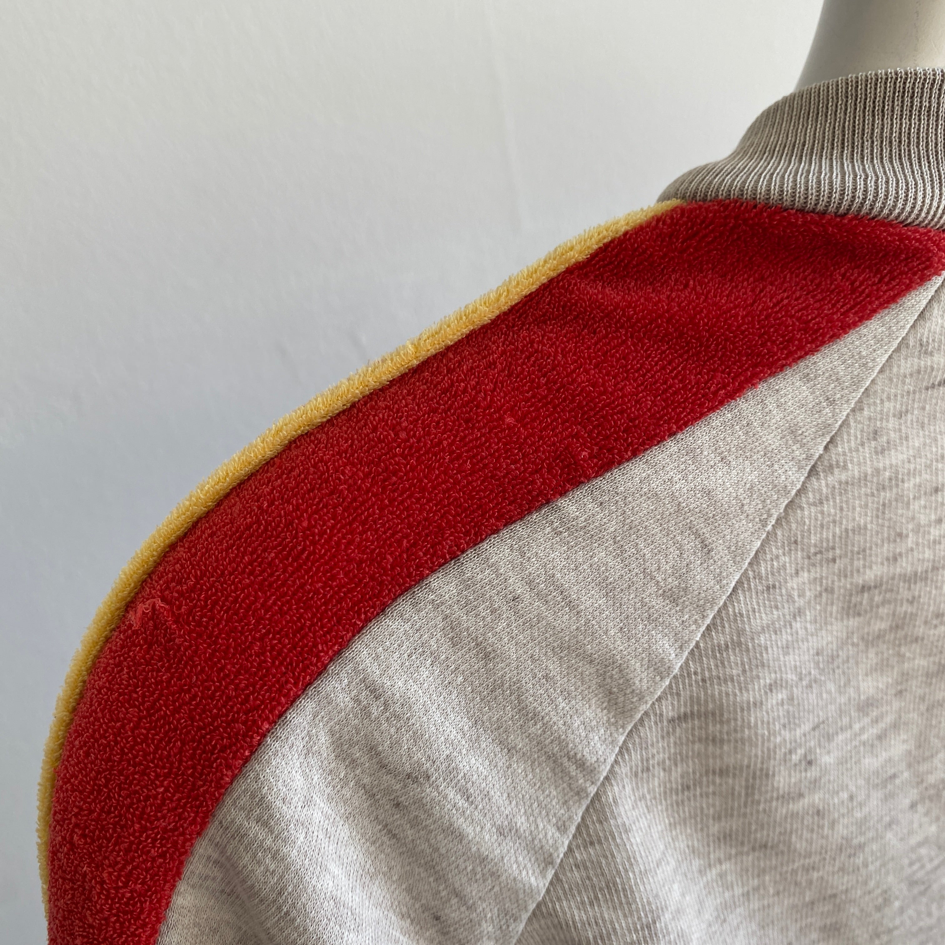 1970s Paper Thin V-Neck Sweatshirt with a Velour Side Stripe, POCKETS and Stains