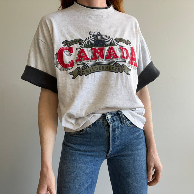 T-shirt carré à manches bicolores Canada Tourist des années 1990