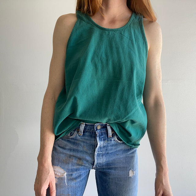 1980s Sturdy Cotton Sun Faded Dark to Lighter Green Tank Top