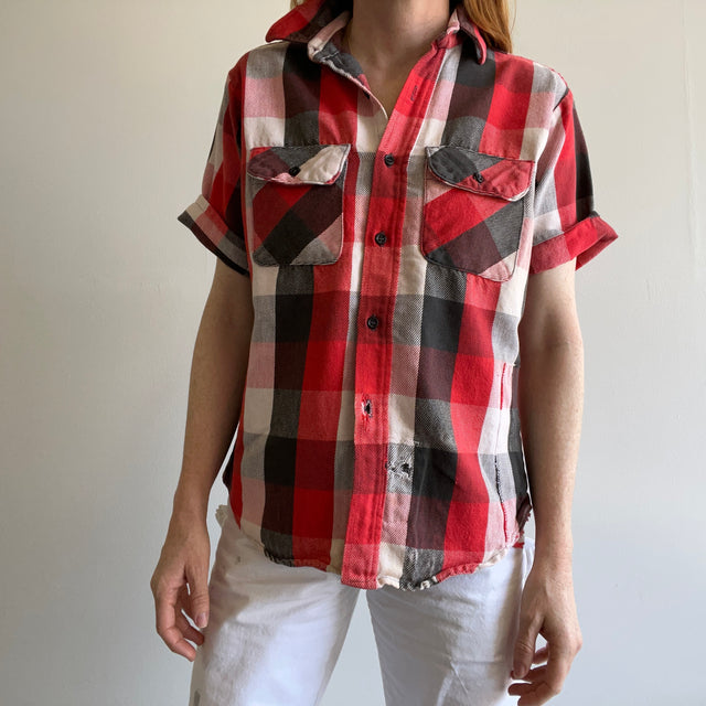 1980s DIY Short Sleeved Cotton Flannel - Patched and Mended