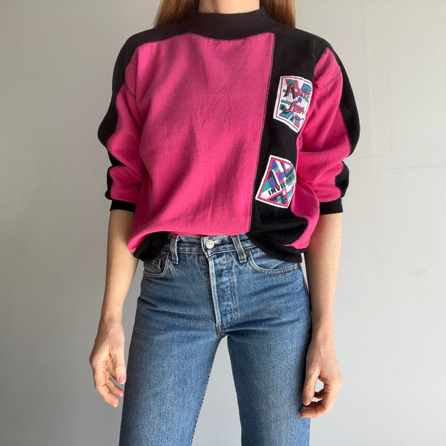 1980s Beat Up Color Block Two Tone Apres Sport Mock Neck Sweatshirt