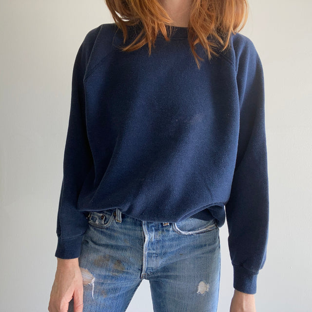 1990s Great Faded Blank Navy Raglan by Hanes with Bleach Splotches