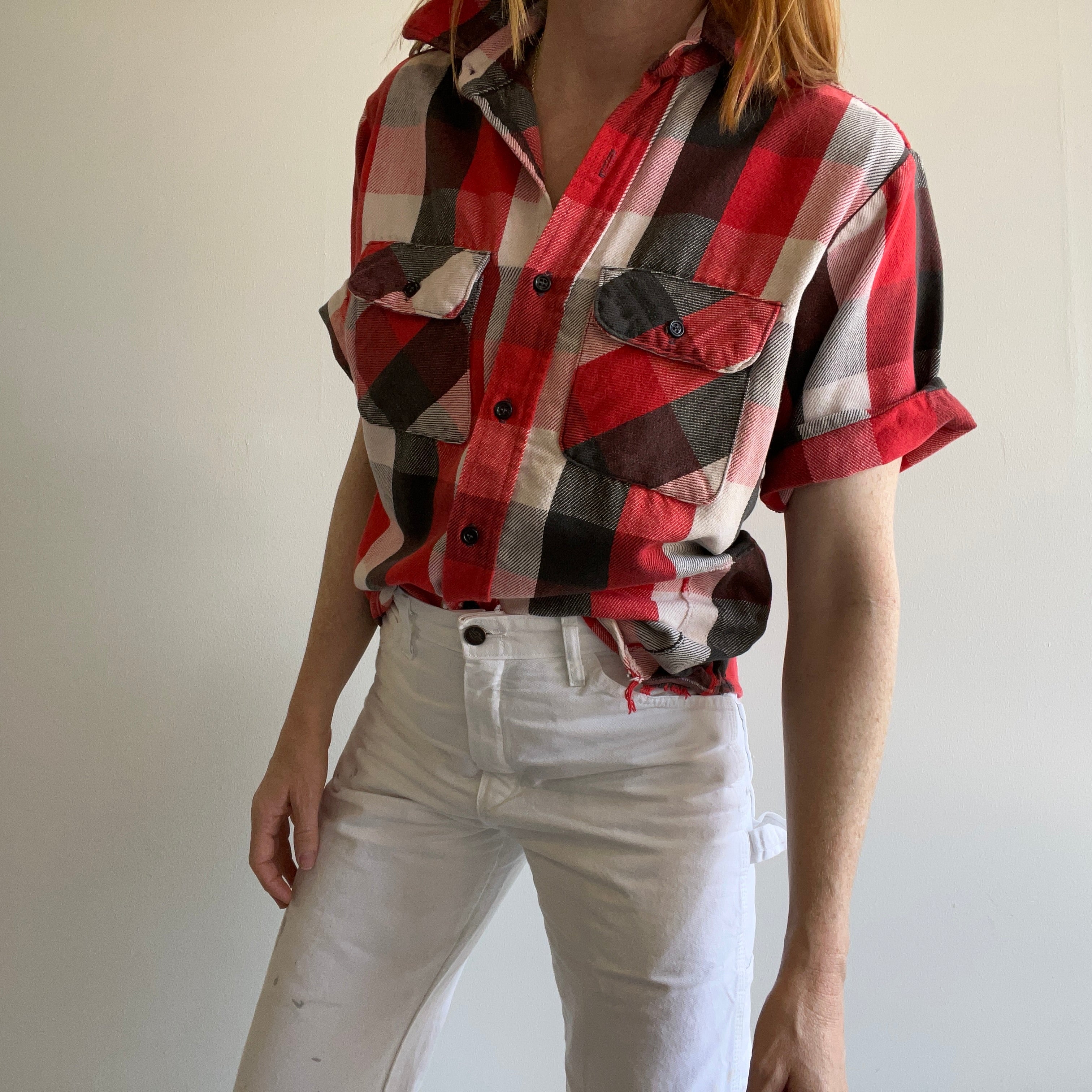 1980s DIY Short Sleeved Cotton Flannel - Patched and Mended