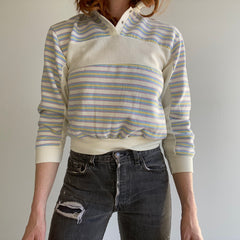 1980s Super Cool Striped Henley Collared Sweatshirt - Smaller Size