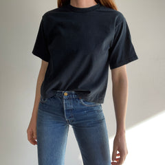 1990s Honors Faded Blank Black Cotton Cropped T-Shirt