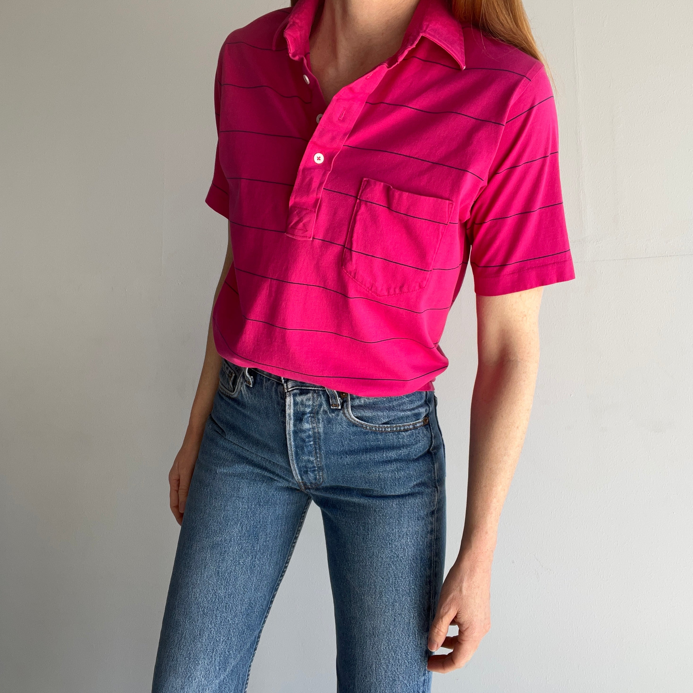 1980s Silky Soft Jello Pink T-Shirt with a Cool Collar