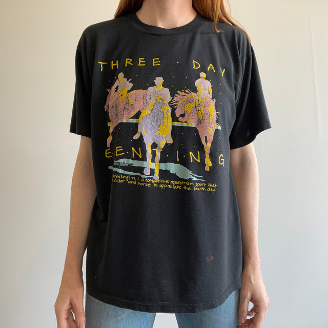 1989 T-shirt de cheval de concours complet de trois jours avec boulochage et peinture - RAD !!