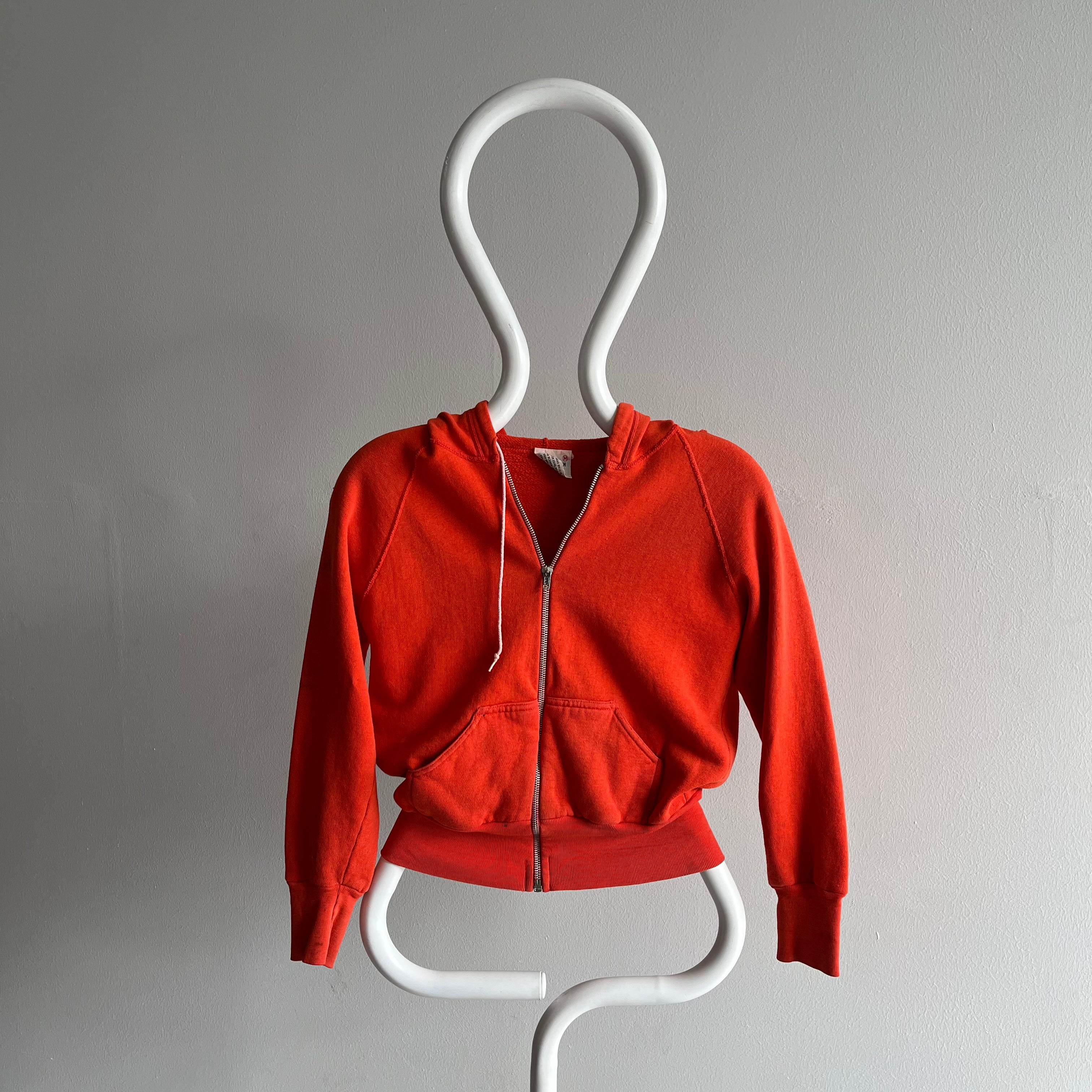 1970/80 Very Small Rusty Orange Beat Up and Stained Cotton 100% Cotton Hoodie Zip Up
