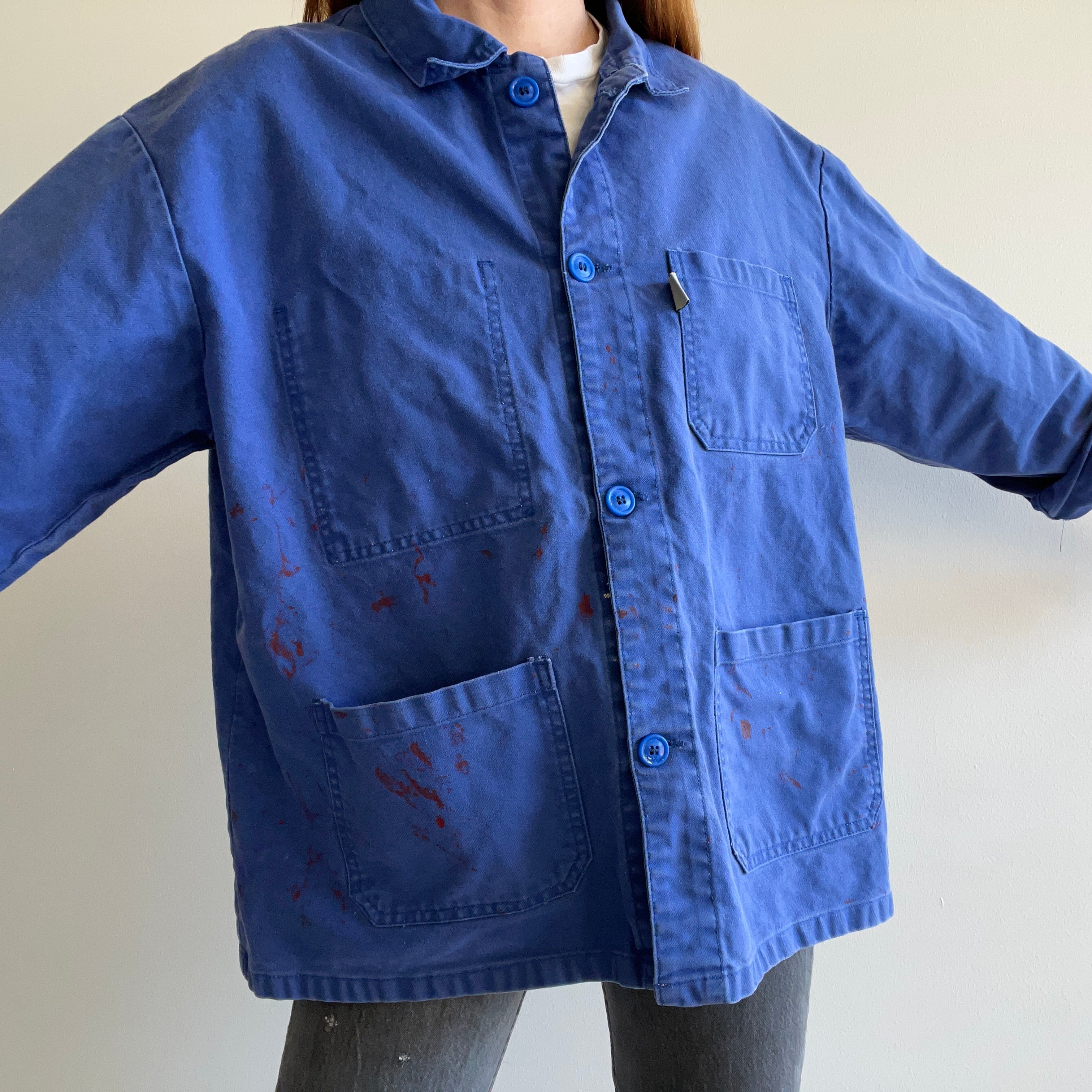 1980s Oversized Painted Stained Cotton European Chore Coat