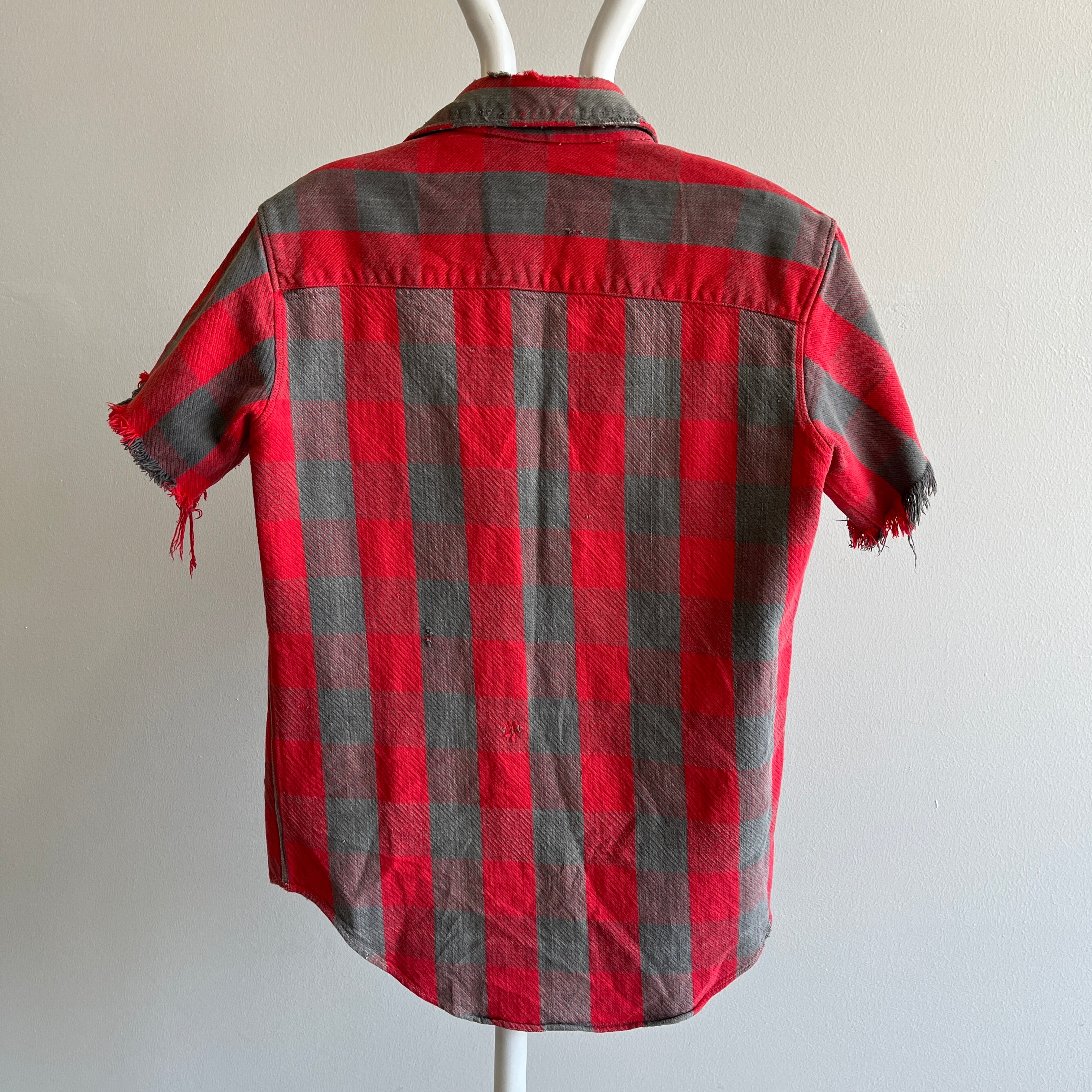 1970/80s Very Beat Up Short Sleeved Flannel - Missing Buttons