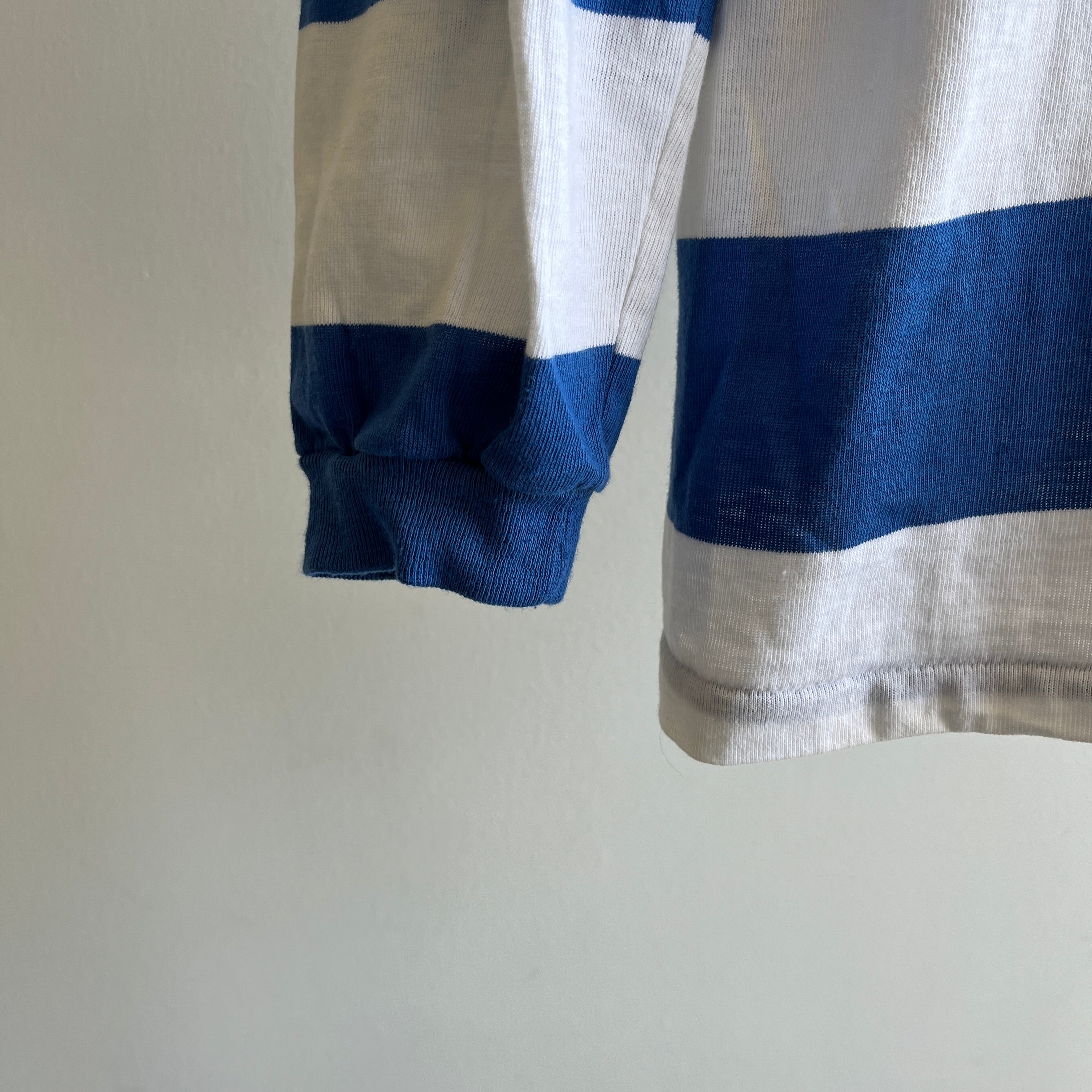 1980s Blue and White Striped Long Sleeve Pocket T-Shirt
