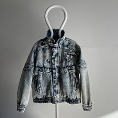 1980s Quilted Acid Wash Incredible Bomber Style Mock Neck Zip Up Denim Jean Jacket