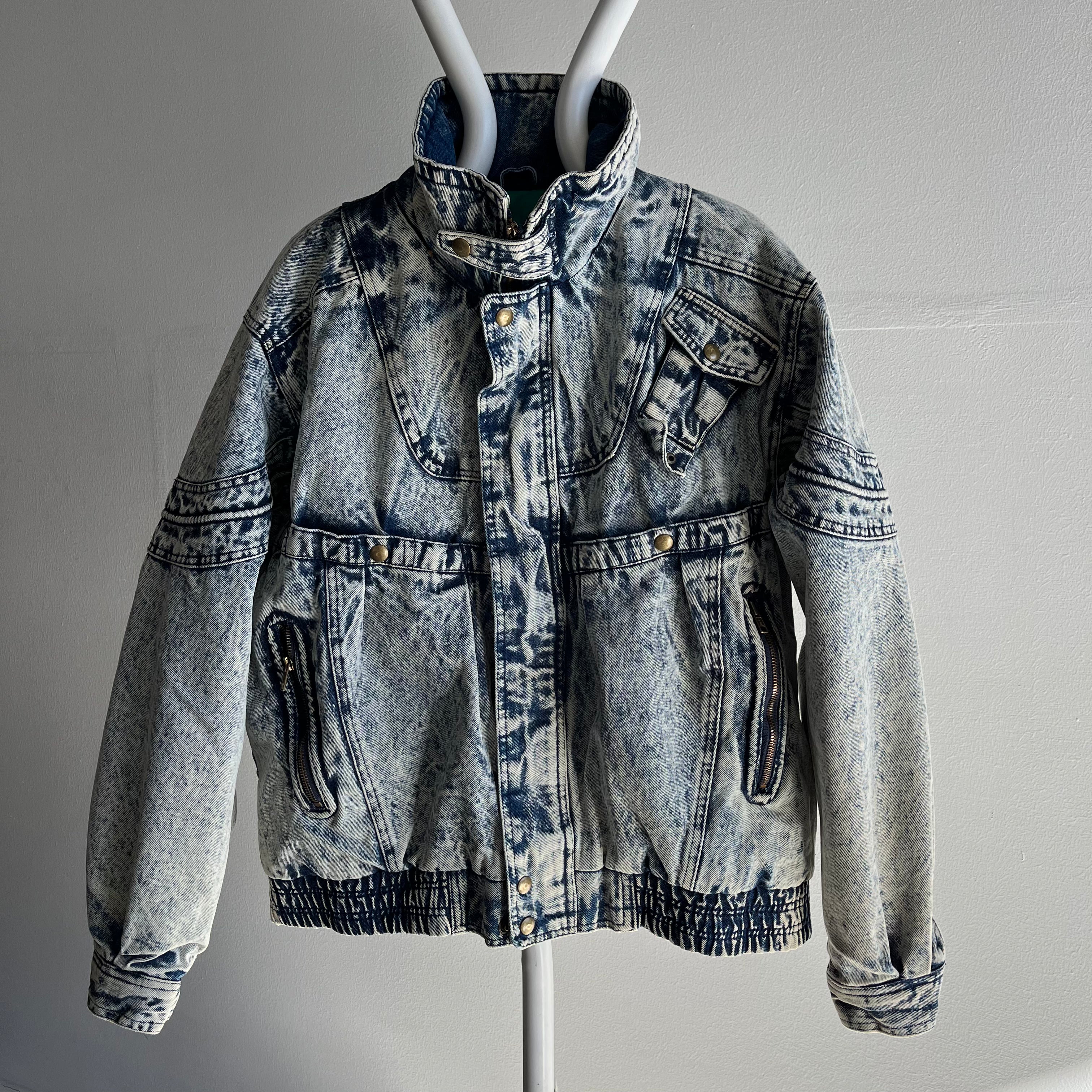 1980s Quilted Acid Wash Incredible Bomber Style Mock Neck Zip Up