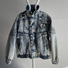 1980s Quilted Acid Wash Incredible Bomber Style Mock Neck Zip Up Denim Jean Jacket