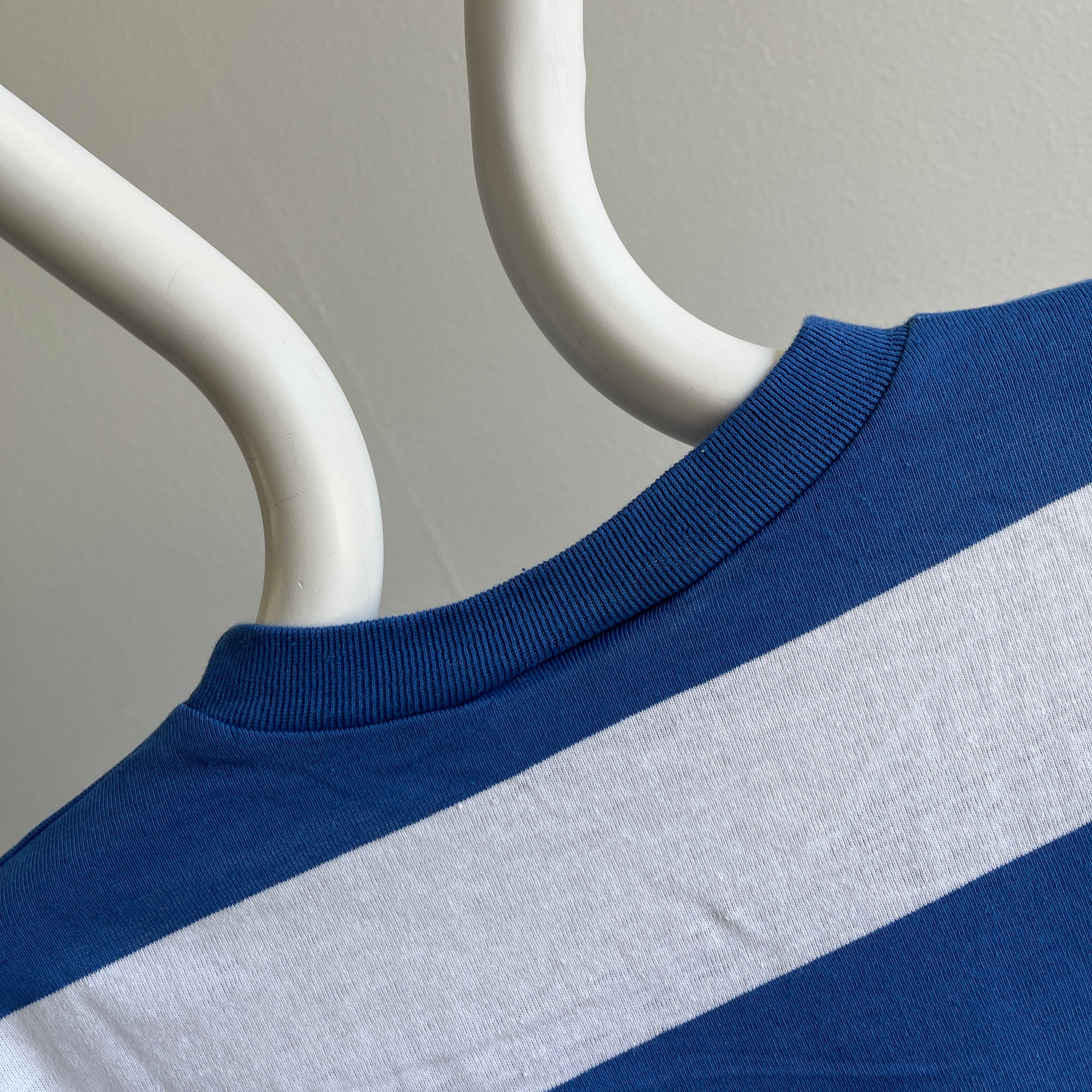1980s Blue and White Striped Long Sleeve Pocket T-Shirt