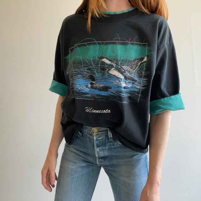 T-shirt touristique deux tons du Minnesota des années 1990 avec une culture de bricolage