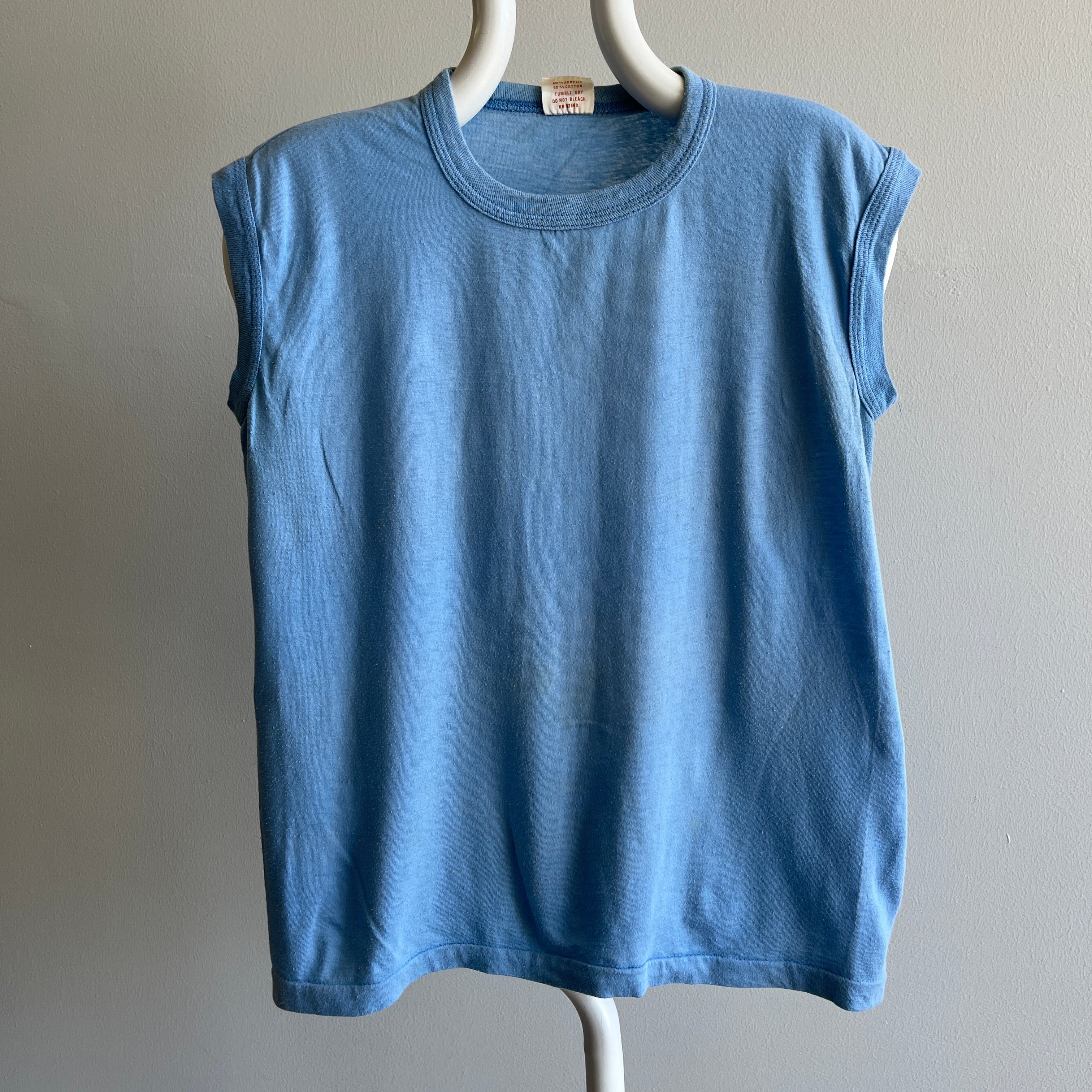 1970s Faded Baby Blue Blank Muscle Tank