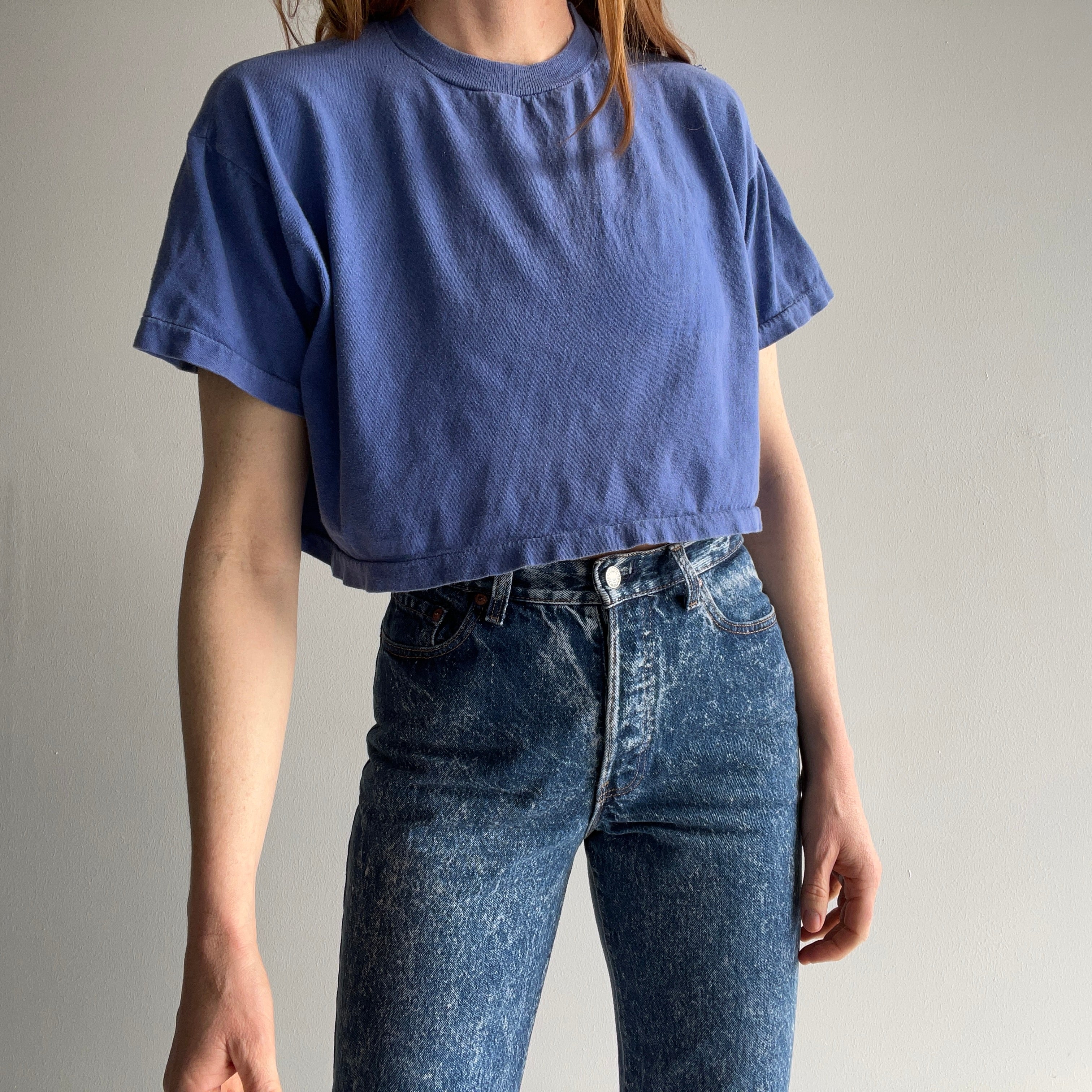 1980s Blank Blue Cotton Knit Crop Top T-Shirt