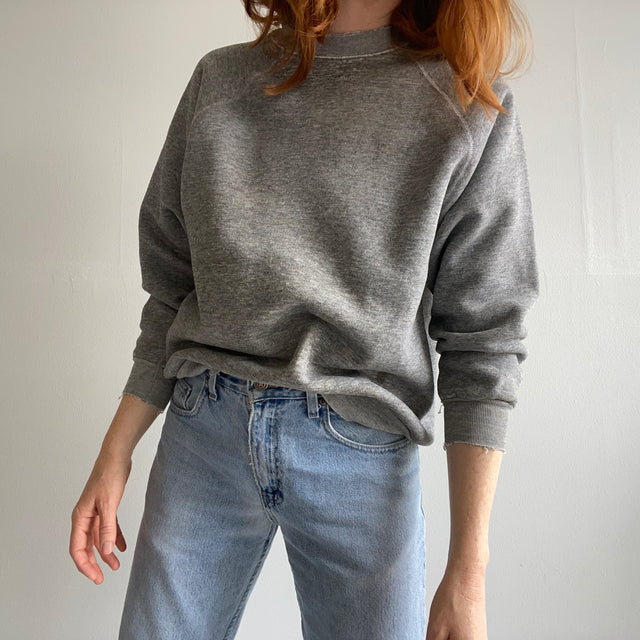 1970s Medium Gray Double Arm Gusset Shredded Collar and Cuffs Worn Out Gray Sweatshirt