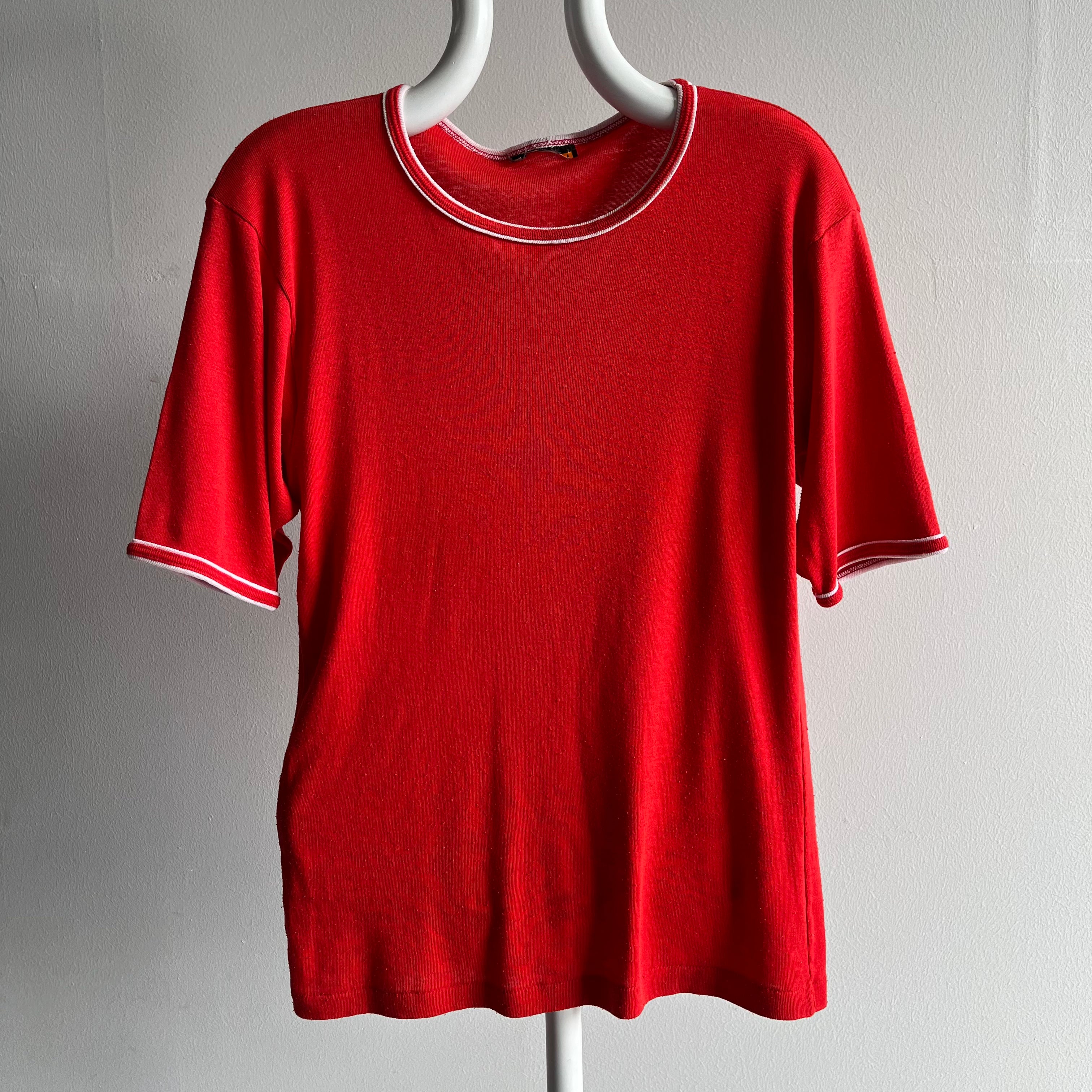 T-shirt à anneau rouge Super Duper des années 1970, doux et souple