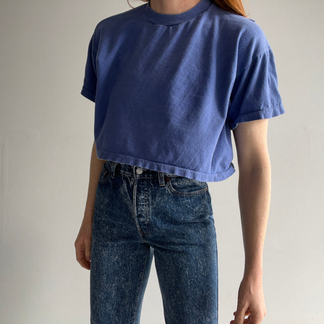 1980s Blank Blue Cotton Knit Crop Top T-Shirt