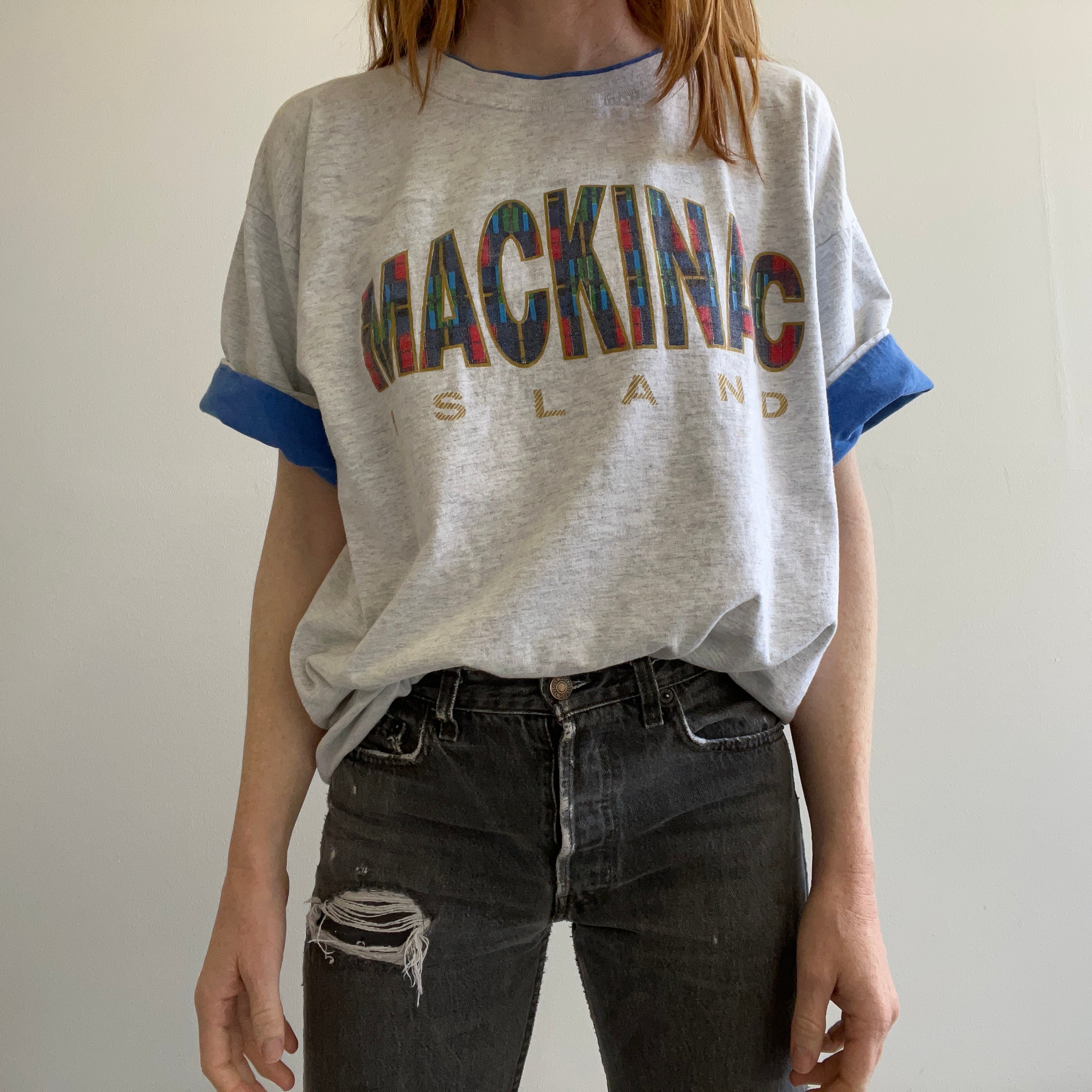 T-shirt touristique à manches retroussées Mackinac Island des années 1990