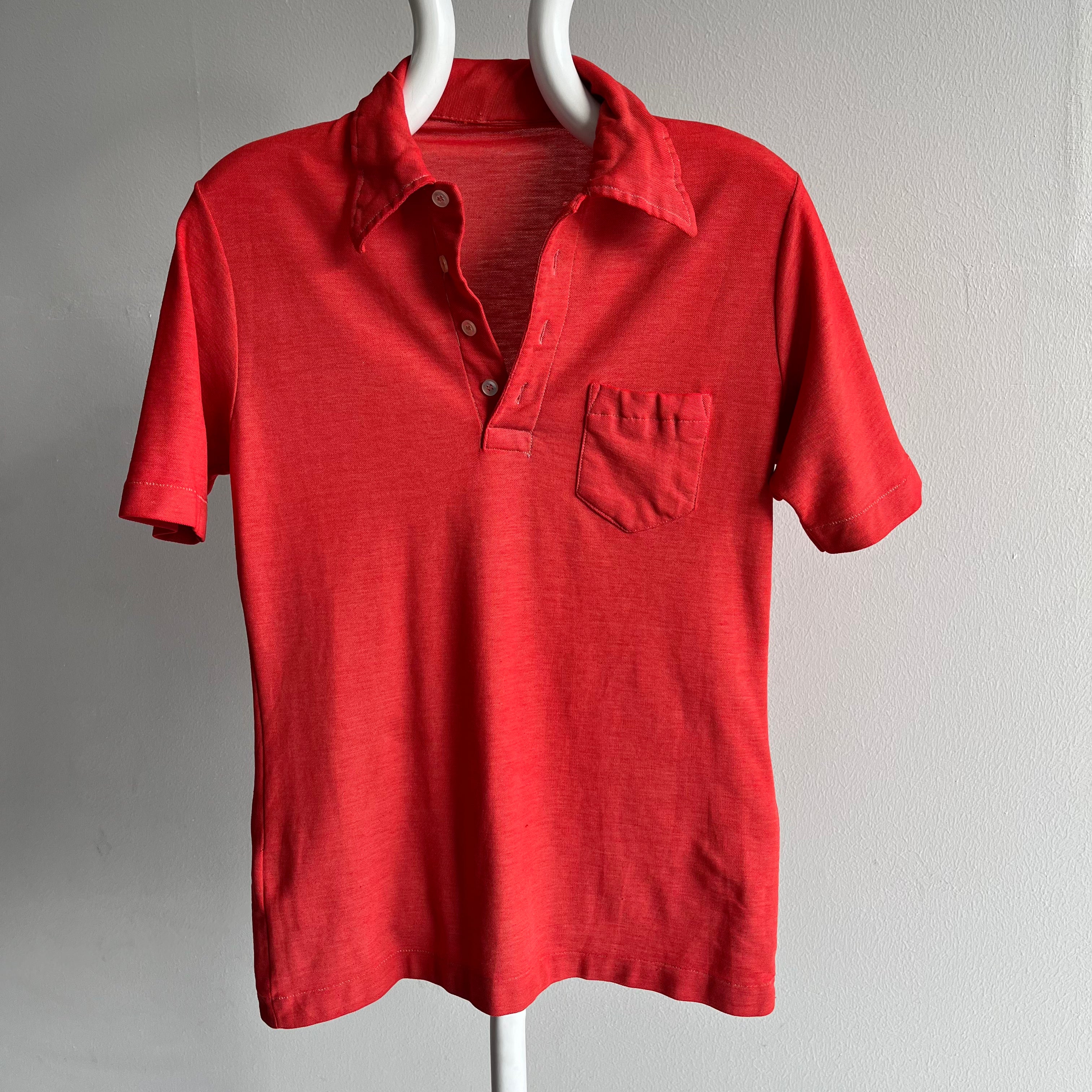1970s Super Faded Smaller Red Pocket Polo T-Shirt