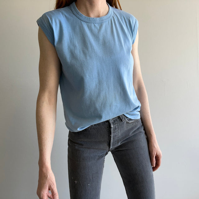 1970s Faded Baby Blue Blank Muscle Tank