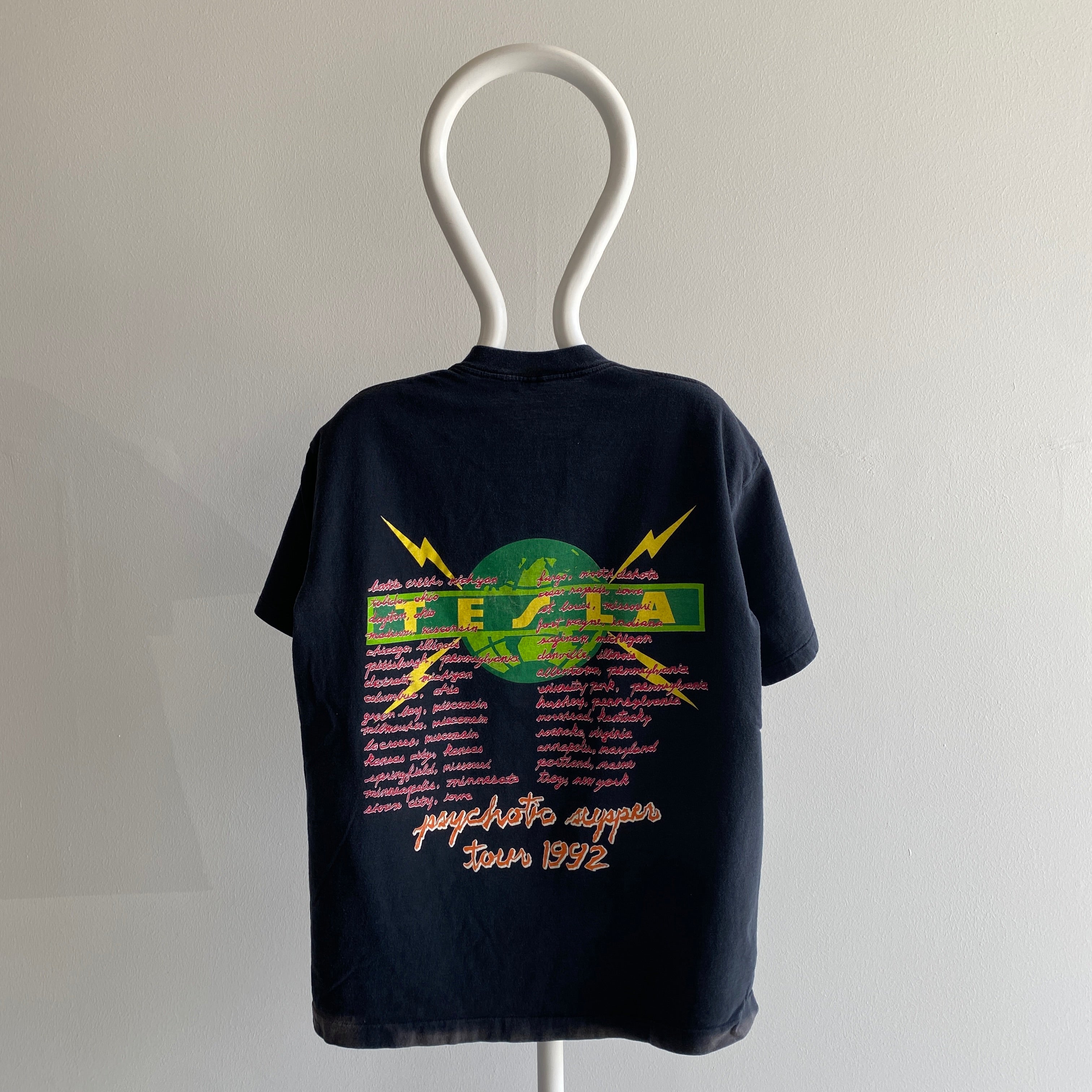 1992 Tesla (the Band) Tour T-Shirt with Bleach Fading - Giant by Tee Jays Brand - YESSSSSS