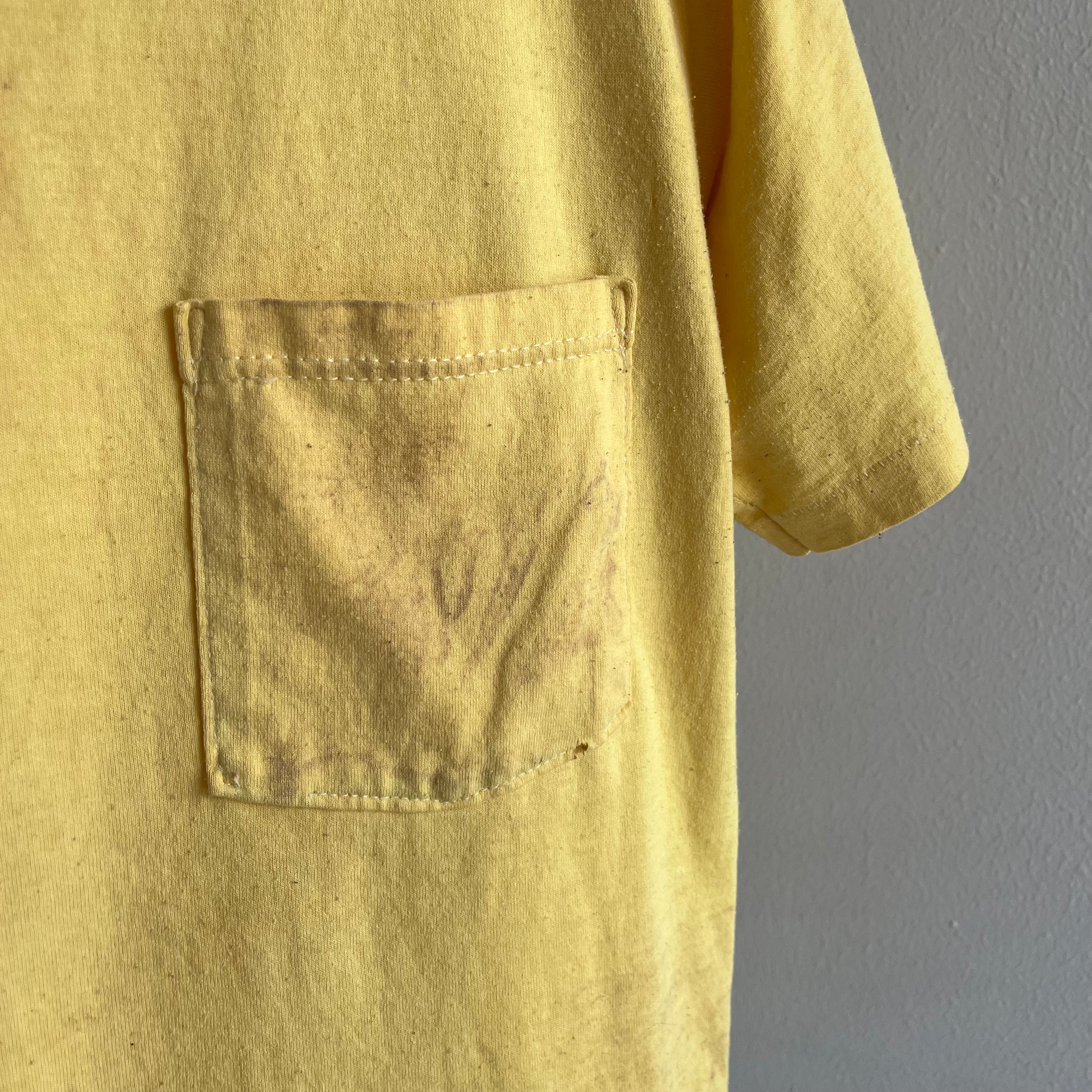 1980s Super Stained Pale Yellow Pocket T-Shirt