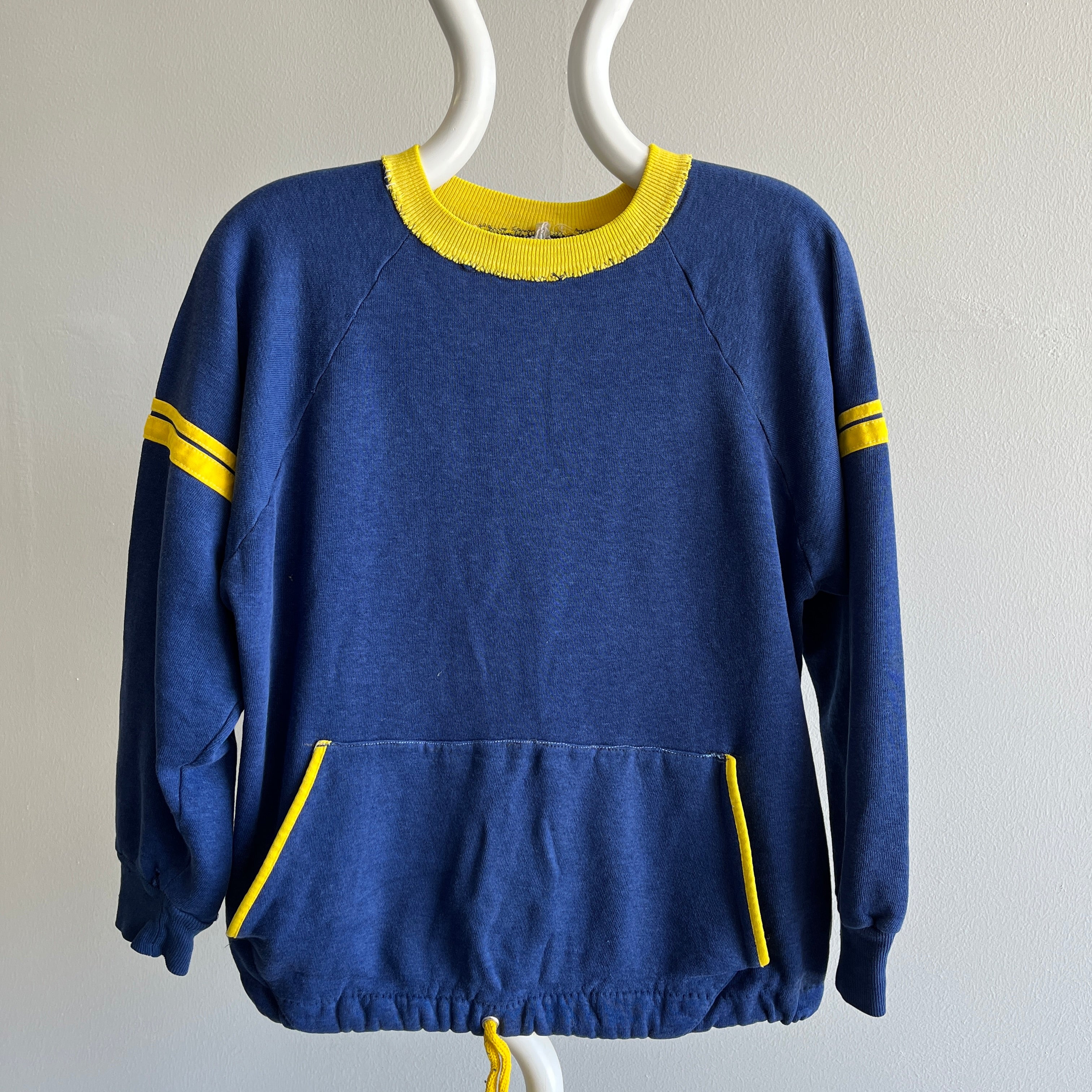 1970s Super Thin and Mended Navy and Yellow Sweatshirt - Personal Collection