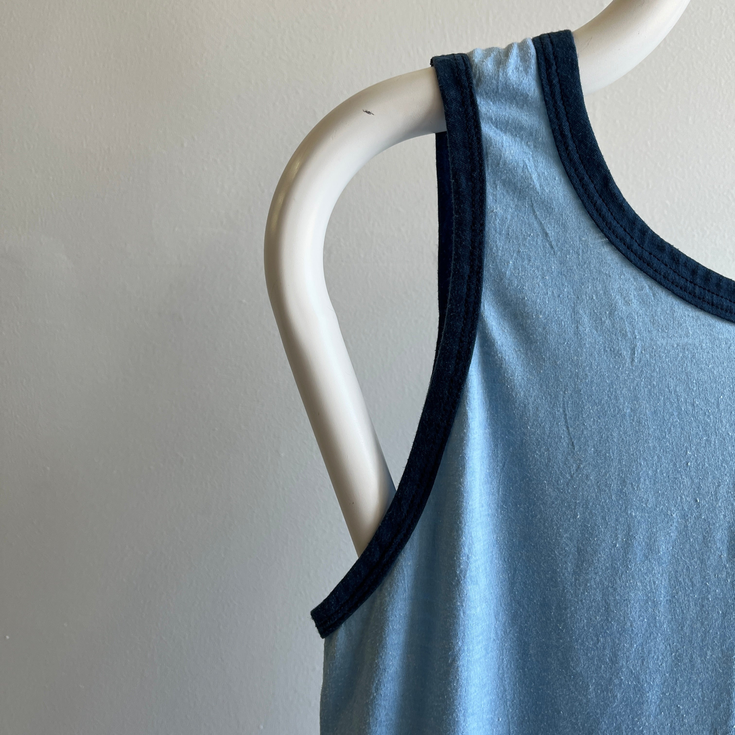 1970s Blank Blue Tank Top with Navy Ribbing