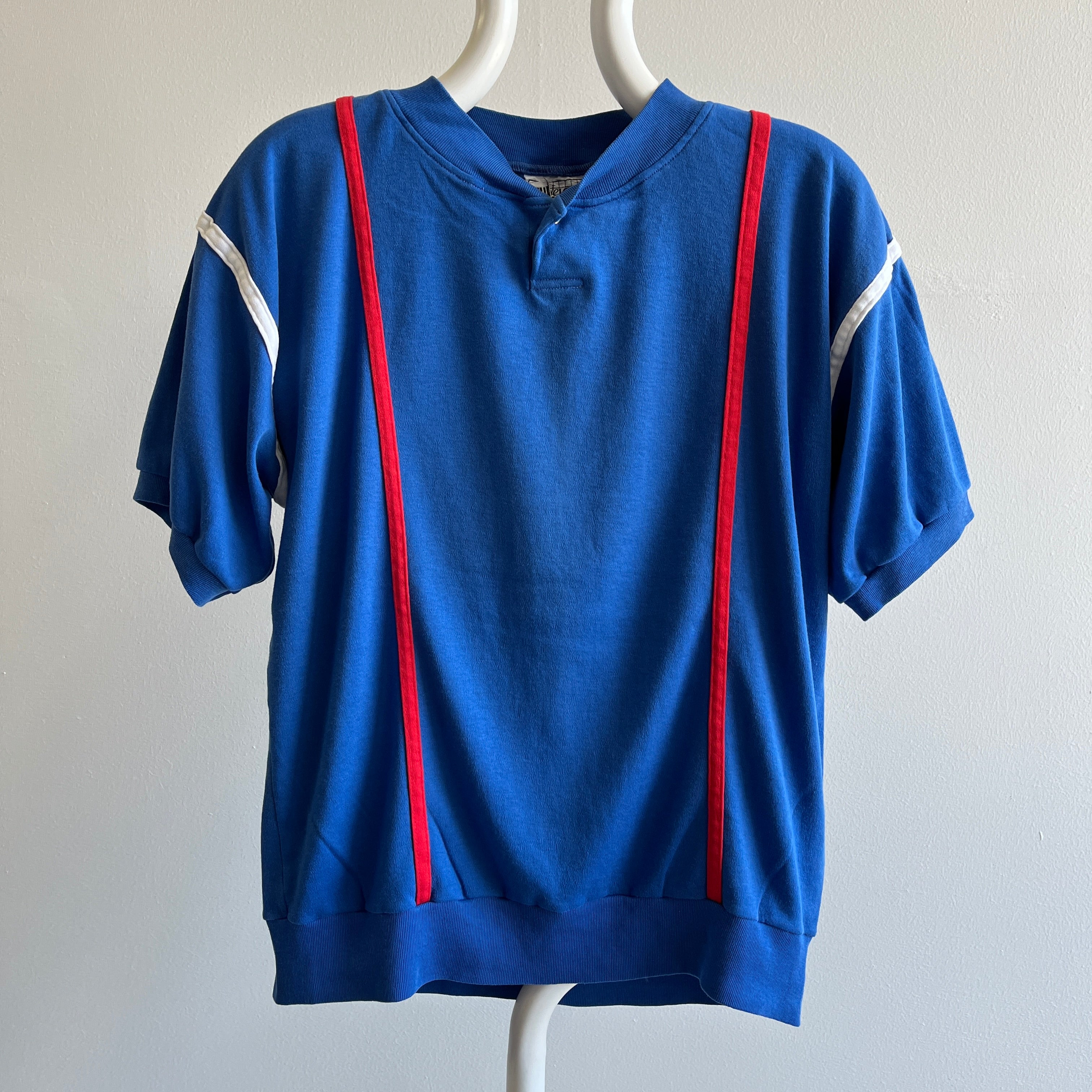1980s Blue T-Shirt Warm Up Henley with Stripes!