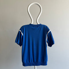 T-shirt bleu des années 1980 Warm Up Henley avec des rayures !