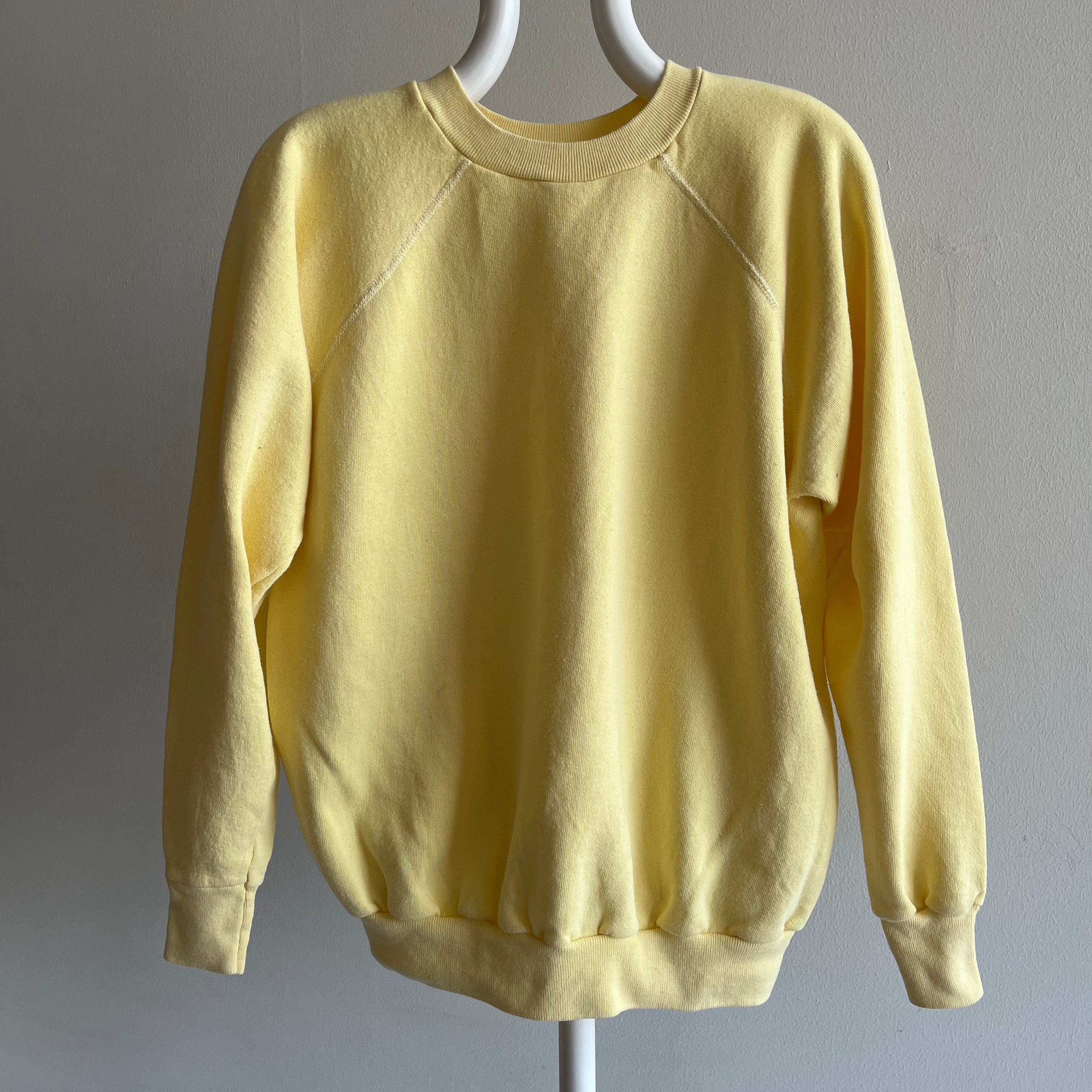 Sweat-shirt raglan vierge jaune beurre des années 1980 - oh mon