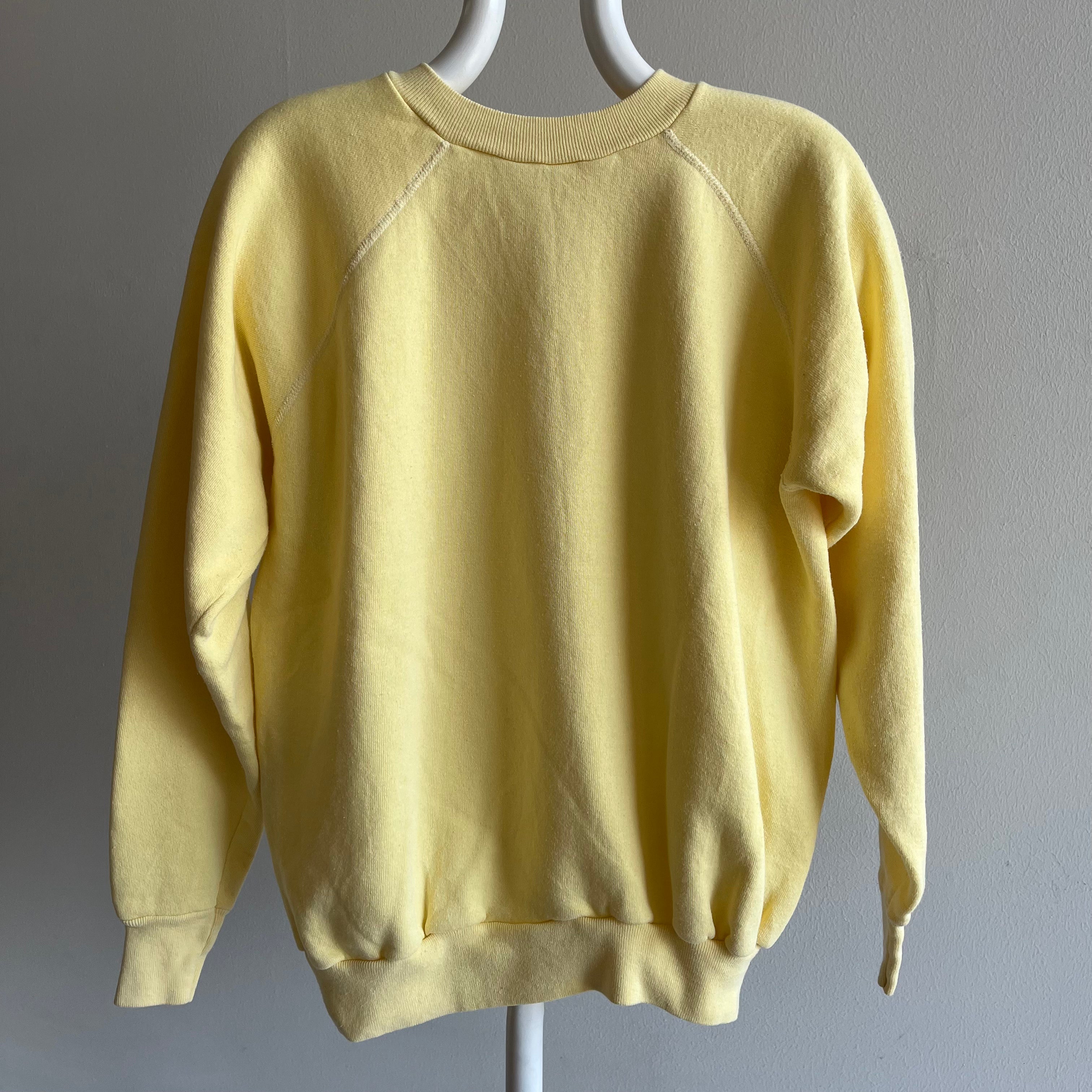 Sweat-shirt raglan vierge jaune beurre des années 1980 - oh mon