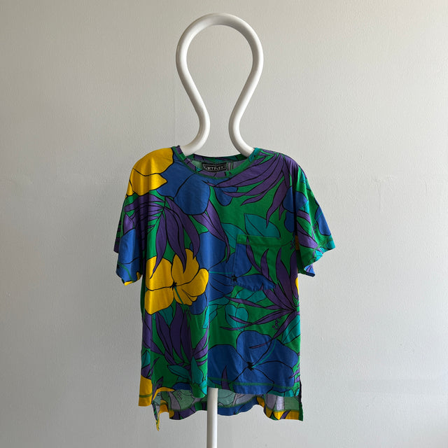1990s Karen Kane Boxy Plant Print Women's Cut Pocket T-Shirt