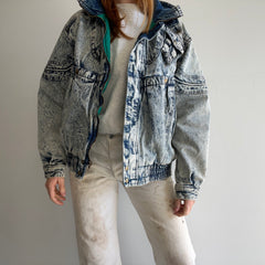1980s Quilted Acid Wash Incredible Bomber Style Mock Neck Zip Up Denim Jean Jacket