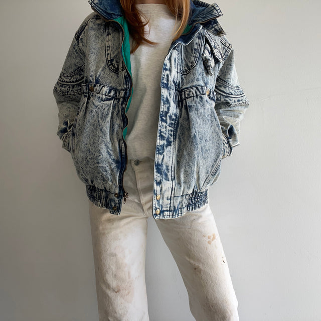 1980s Quilted Acid Wash Incredible Bomber Style Mock Neck Zip Up Denim Jean Jacket