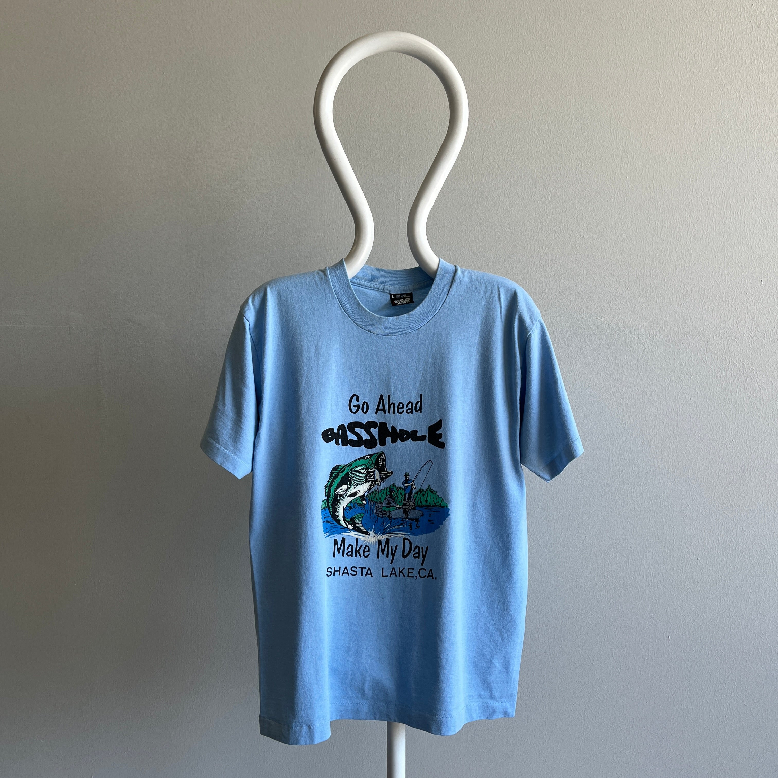 T-shirt touristique Go Ahead Basshole des années 1980, Shasta Lake, Californie