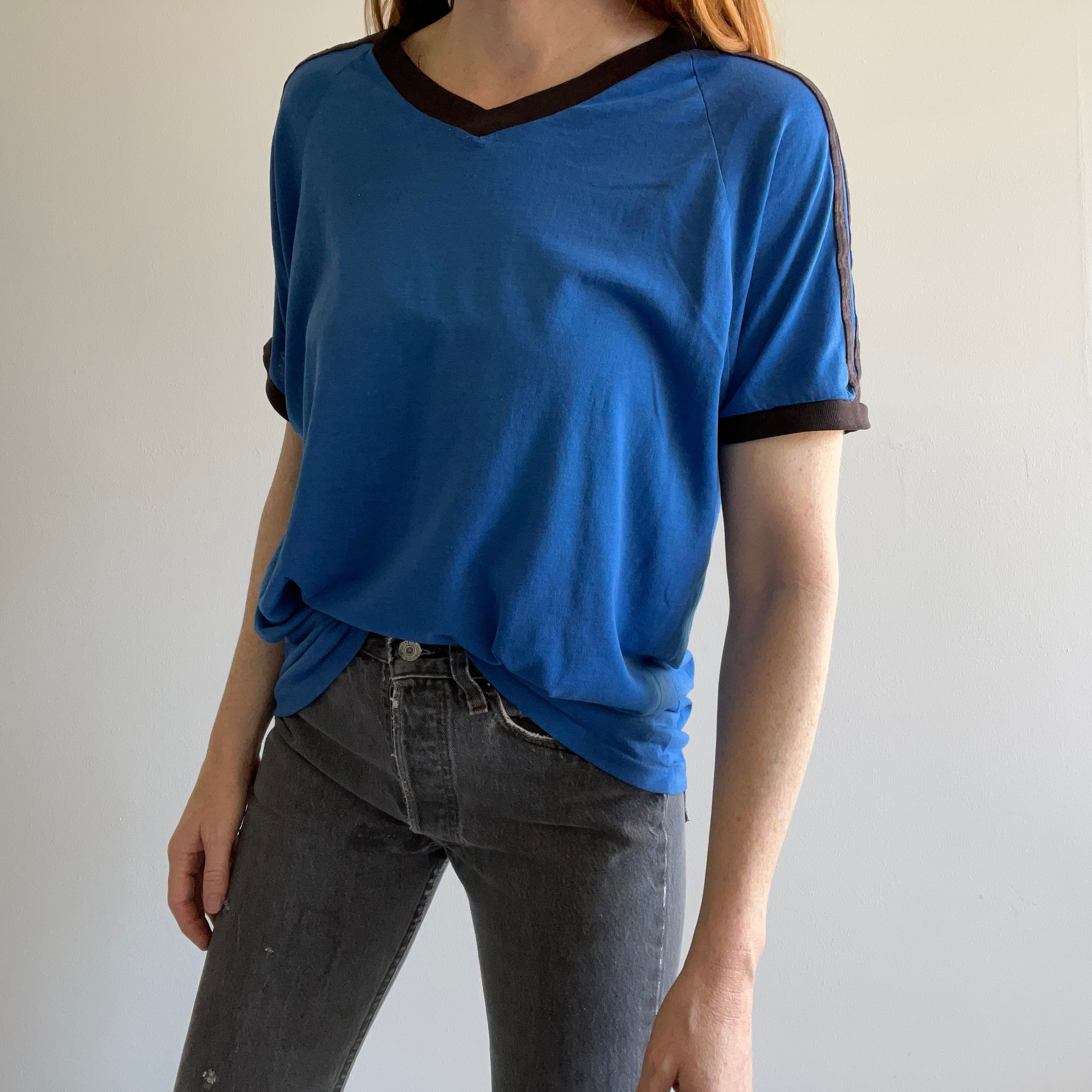 1980s Thinned Out Slouchy Triple Stripe V-Neck