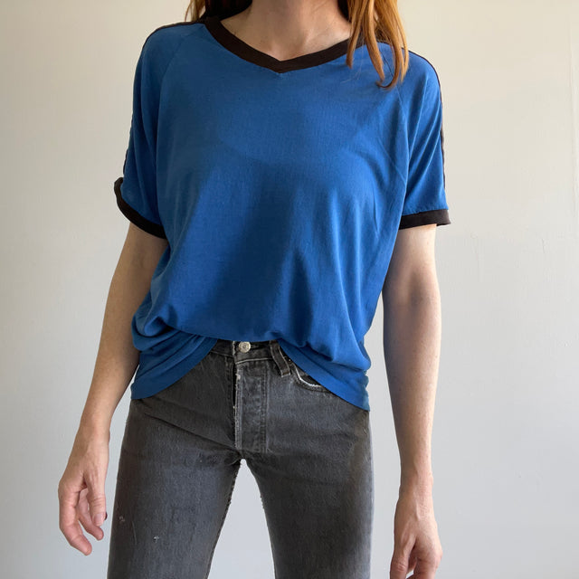 1980s Thinned Out Slouchy Triple Stripe V-Neck
