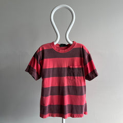 1990s Faded Red and Black/Gray Striped Pocket T-Shirt