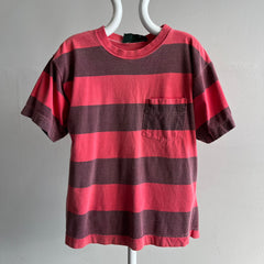 1990s Faded Red and Black/Gray Striped Pocket T-Shirt