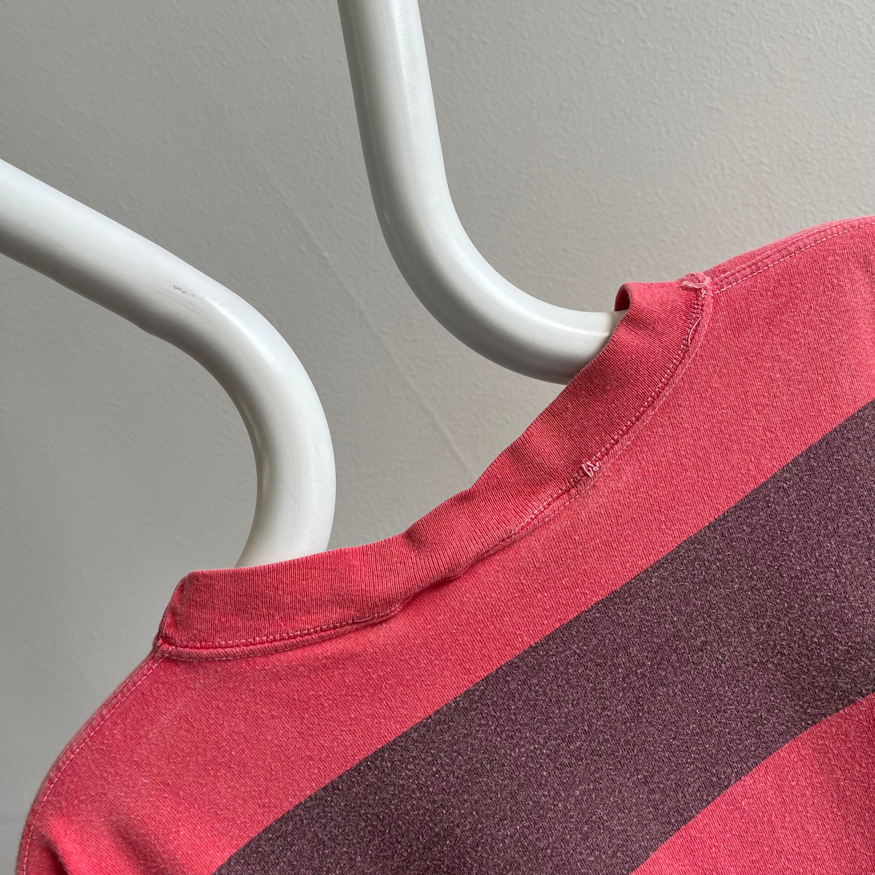 1990s Faded Red and Black/Gray Striped Pocket T-Shirt