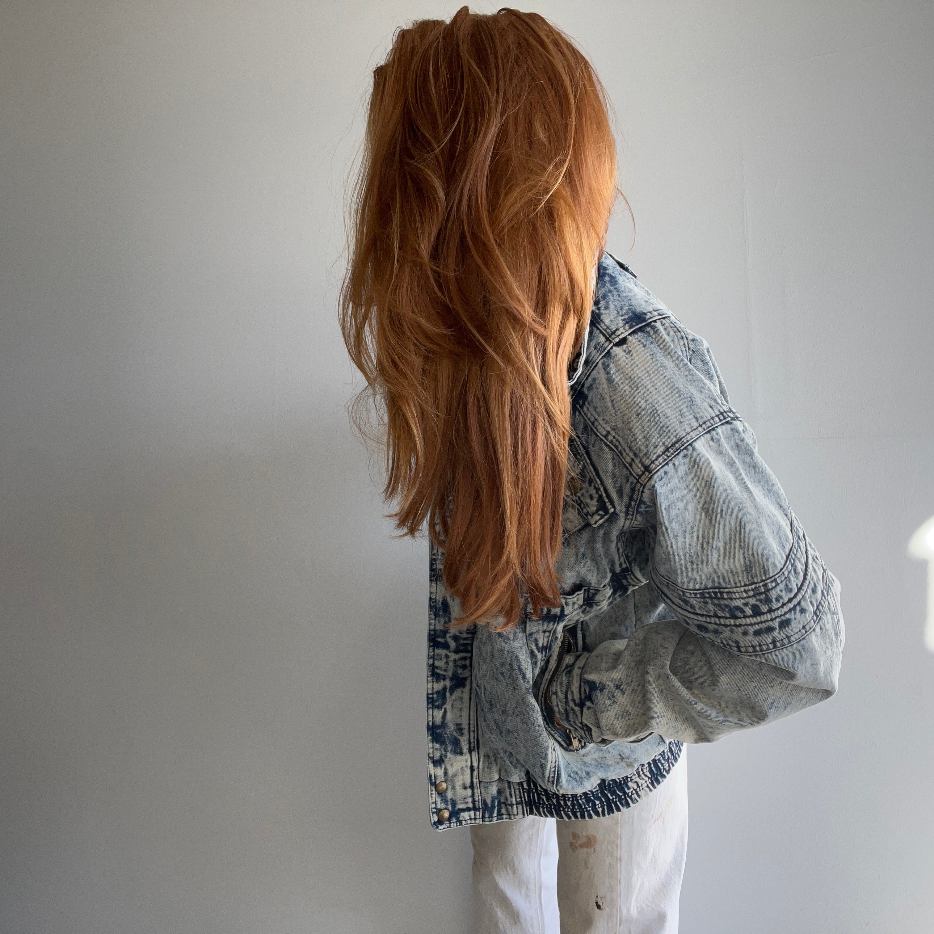 1980s Quilted Acid Wash Incredible Bomber Style Mock Neck Zip Up Denim Jean Jacket