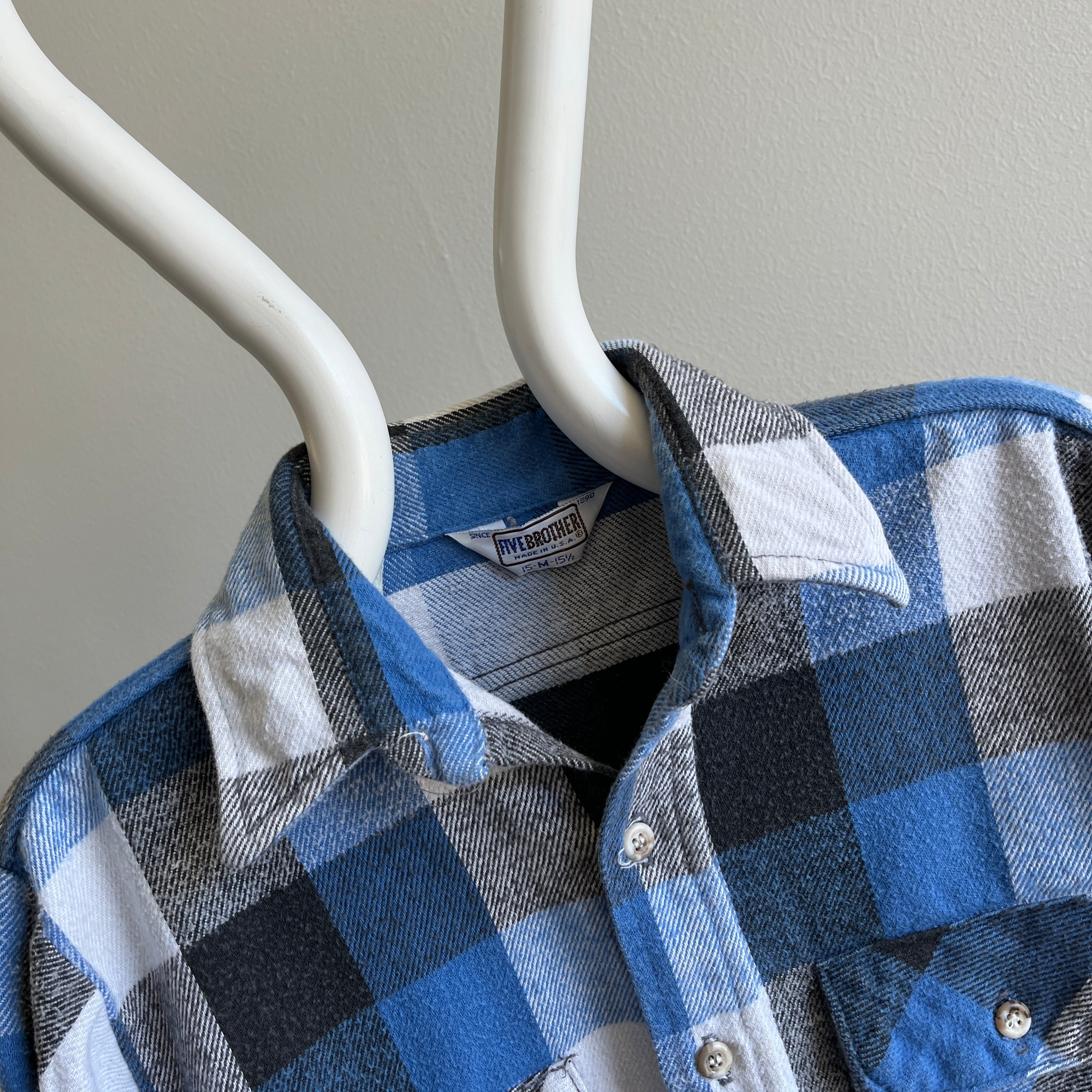 1980/0s USA Five Brothers Blue Cotton Plaid Flannel