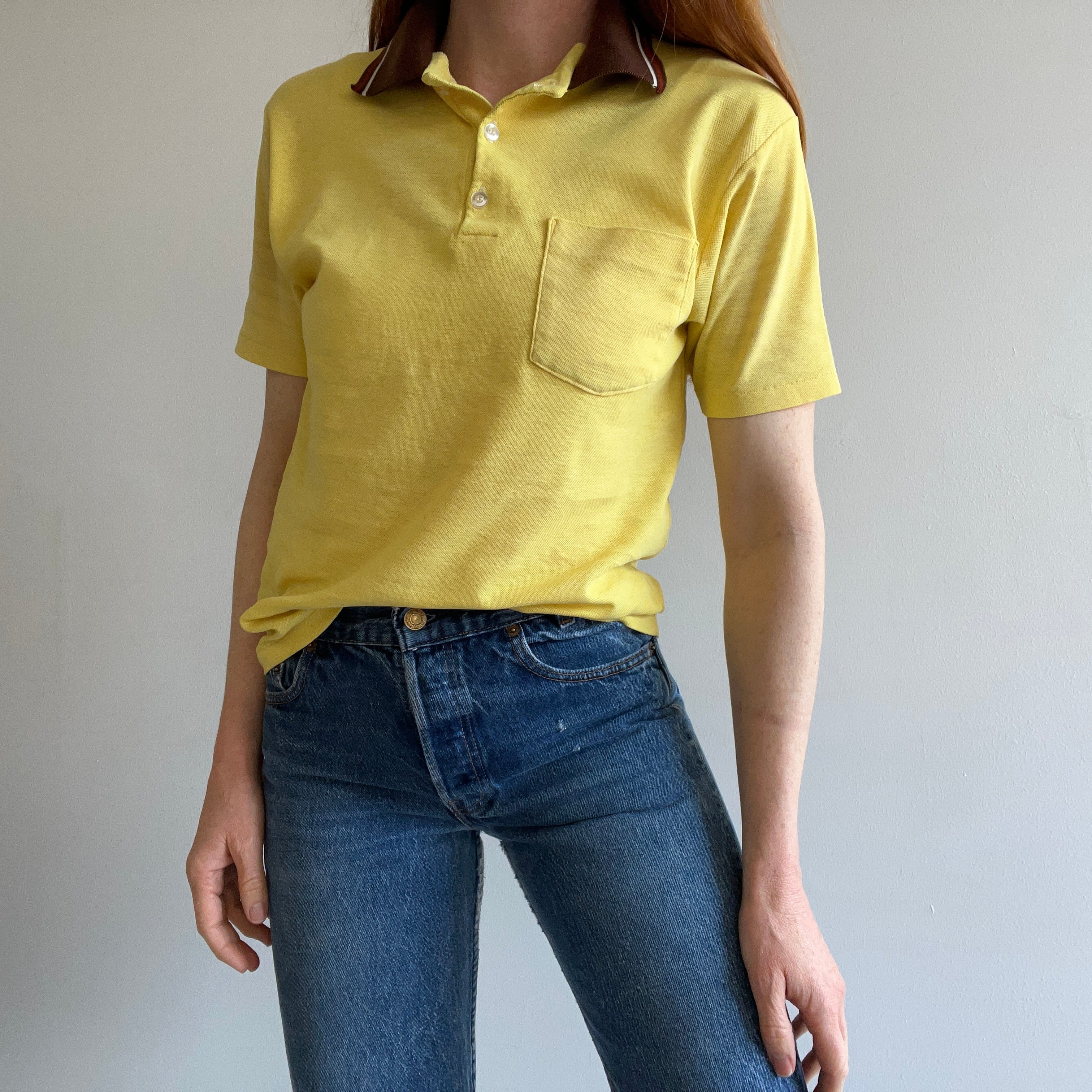 1970s Two Tone Yellow and Brown Soft and Slouchy Polo T-Shirt