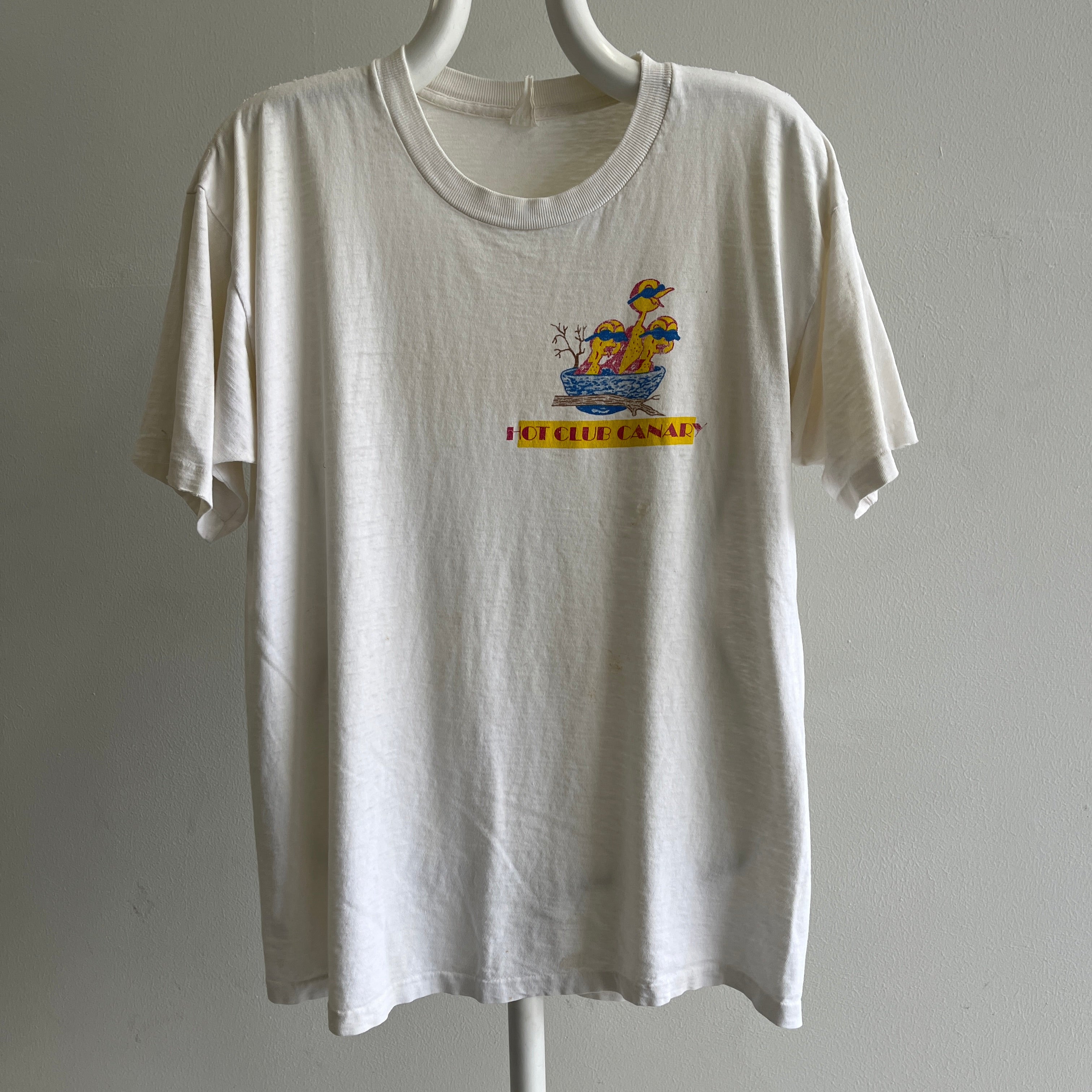 1980s HOT CLUB CANARY Thinned Out and Stained Front and Back T-Shirt - Personal Collection